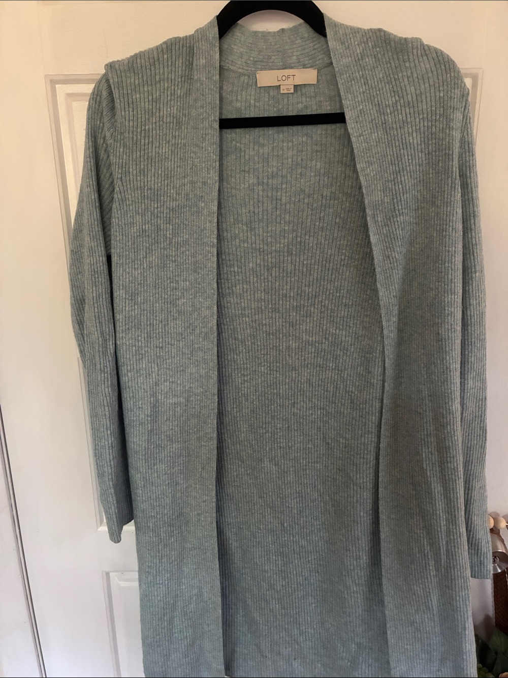 LOFT Sage Green Ribbed Open-Front Long Cardigan